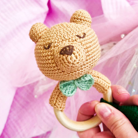 Rattle Teddy Bear with Blue Bow tie Crochet Pattern